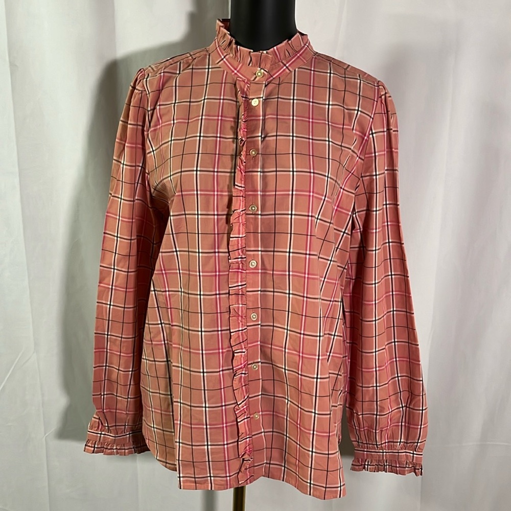 NWT LOFT Pink Plaid Long Sleeve Ruffled Button Down Shirt